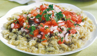 Σαλάτα με ψητές μελιτζάνες ντομάτα και θυμάρι
                  